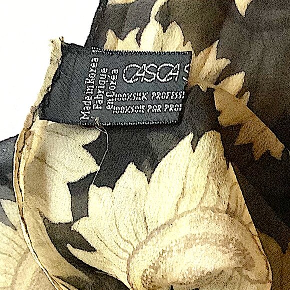 Set: Olive Green wool hat & silk scarf, multi-colored rectangle floral pattern
